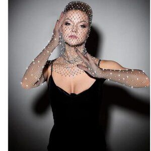 Rhinestone Fishnet Gloves & Mesh Face Mask – Festival & Rave Accessories Set